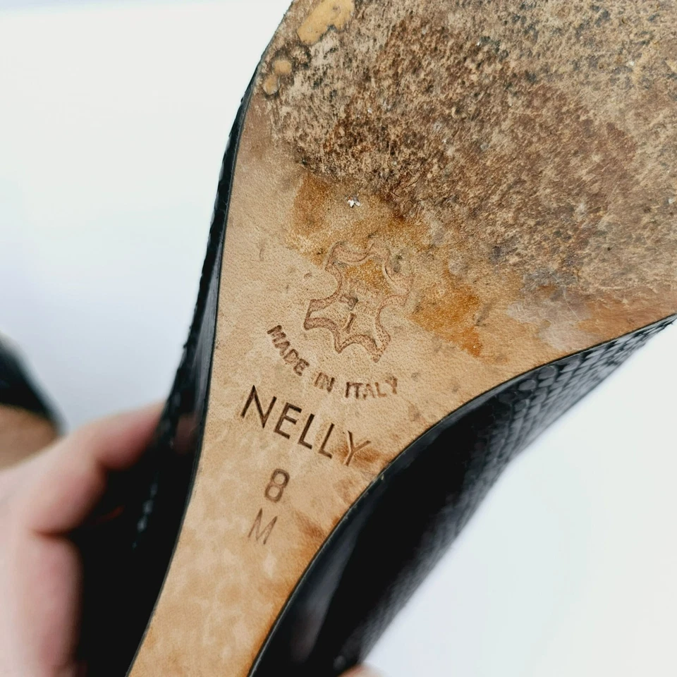 Tacones de cuña Brighton Nelly 8 M cuero negro estampado de serpiente punta abierta pitón sin cordones Foto 2 de 4