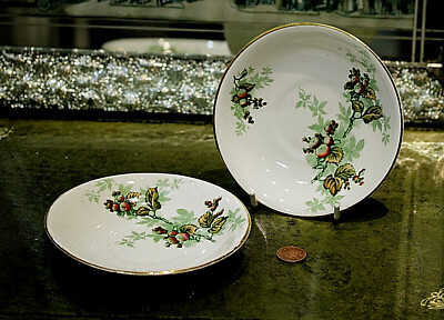 Vintage Paar kleine Bone China/Porzellan Teller mit Obst Design vergoldet