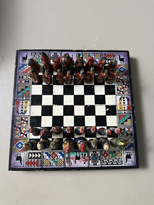 Vtg Handmade Portable Fold Chess Set Aztec Mayan Incas VS Spanish Conquistadors