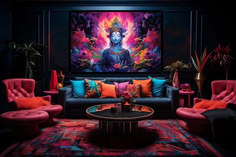 Diosa Kuan Yin Tapiz UV, Luz Negra Reactiva, Psicodélico Colgante de Pared DMT Foto 2 de 4