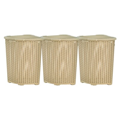 Plastic Wicker Corner Laundry Hamper with Lid-Beige, 3 Pack (50 Liter)
