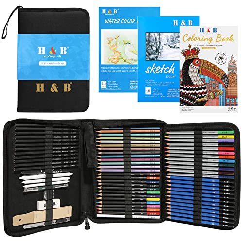 H & B 75Pcs Drawing Set Colouring Pencils Sketch SetDrawing Pencils with Wate...