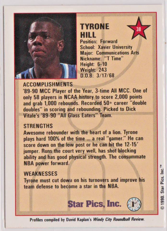 Tyrone Hill Xavier University Forward 1990 Star Pics Card # 38 Near Mint - Image 2 of 3