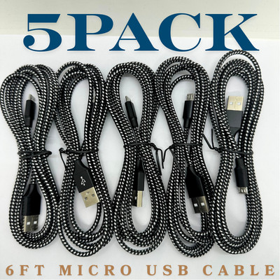 5Pack Micro USB Fast Charger Cable Data Cord 6FT For Samsung Android Google Lot