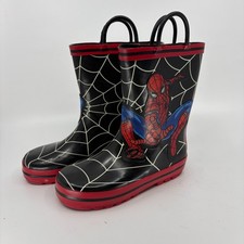 Marvel Spider-Man Kids Rain Boots Size 11 Black Red Rubber Pull Handle Wellies