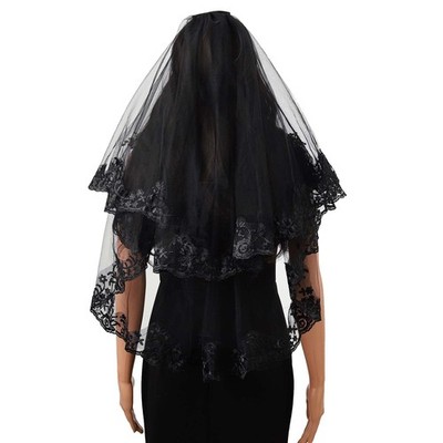 Black Long Pearl Mourning Funeral Lace Veil Bridal Halloween  display picture 1