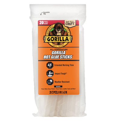 Gorilla Hot Glue Sticks, Clear Glue, Full Size 8'' Long x 0.43'' Diameter,20 Count