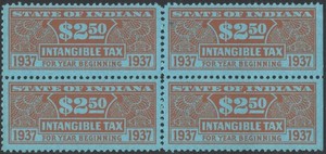 SRS IN D39 $2.50 Indiana Intangible Tax Revenue Block of Four (1937) MNH