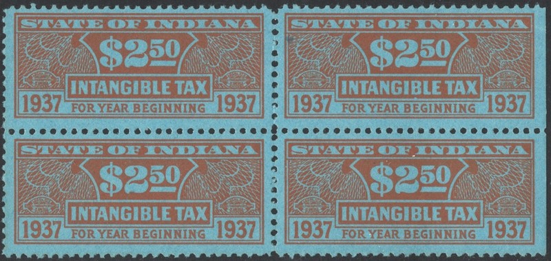 SRS IN D39 $2.50 Indiana Intangible Tax Revenue Block of Four (1937) MNH