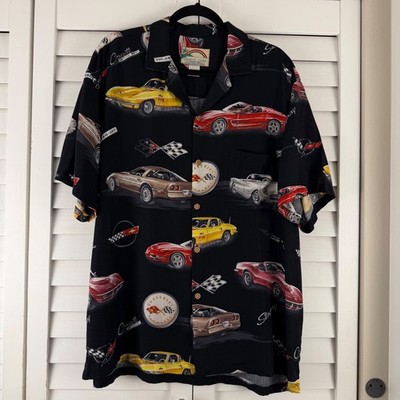 Paradise Found Corvette Hawaiian Graphic Button Shirt Black Rayon Mens L Retro