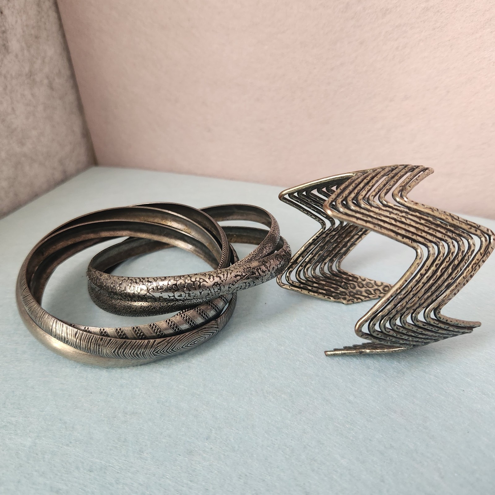 Vintage Jewelry Set: Geometric Statement Cuff + Textured Stackable B