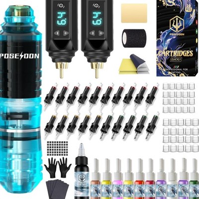 Akku Rotary Tattoo Machine Kit mit 20 Nadeln Tintenset 2 Akkus Starter-Set