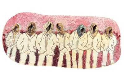 Contemporary Signed Ceramic Relief Hooded Figures Art