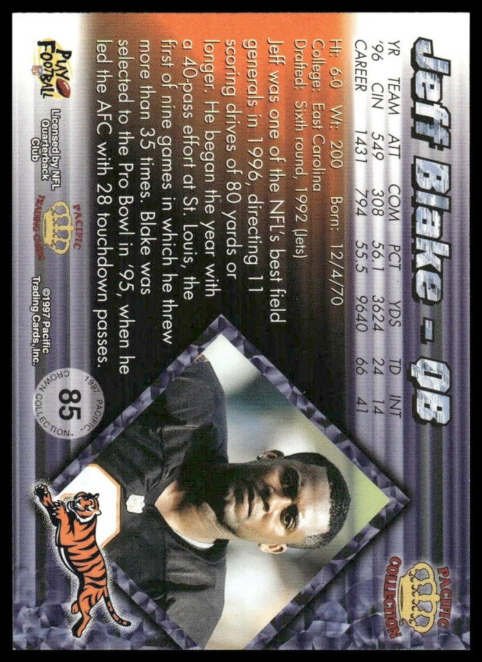 1997 Pacific Crown Collection #85 Jeff Blake Cincinnati Bengals - Image 2 of 2