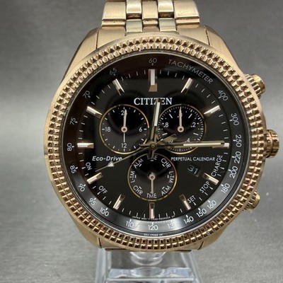 Citizen Eco-Drive Chronograph Watch Men 44mm Black Dial Rose Gold Tone Works