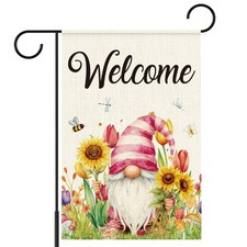 Welcome Spring Summer Garden Flag 12x18 Inch Double Sided,Floral Gnome Outdoo...