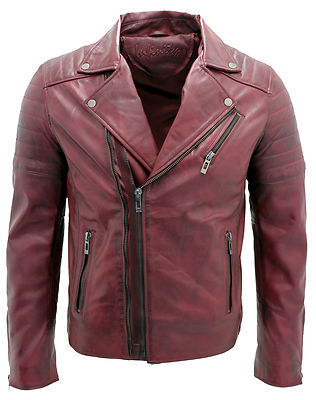 Burgunderrot Slim Fit Brando-Stil doppelter Kreuzreißverschluss 100 % Leder Bikerjacke für Herren