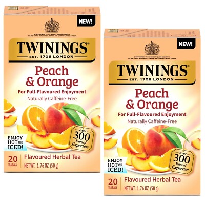 Twinings PEACH & ORANGE Herbal Caffeine Free Tea 16 Bags ea (2 Pack)