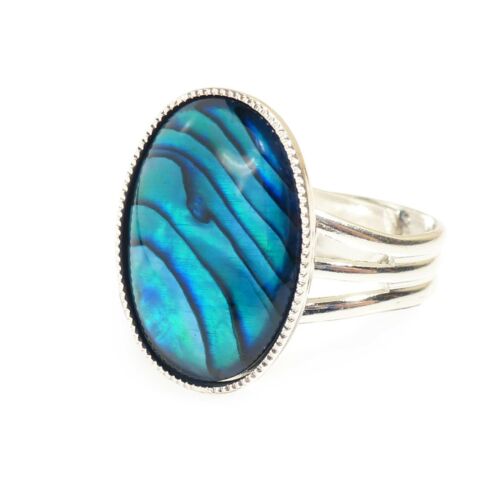 Blue Abalone Shell Paua Ring Gemstone Adjustable 18 x 13 mm Silver Plated Oval - Picture 1 of 4