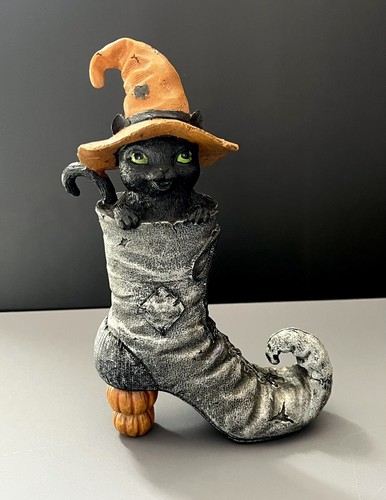 Cute Black Cat Kitten Orange Hat In Witch Boot Pumpkin Heels Halloween Figurine - Picture 2 of 14