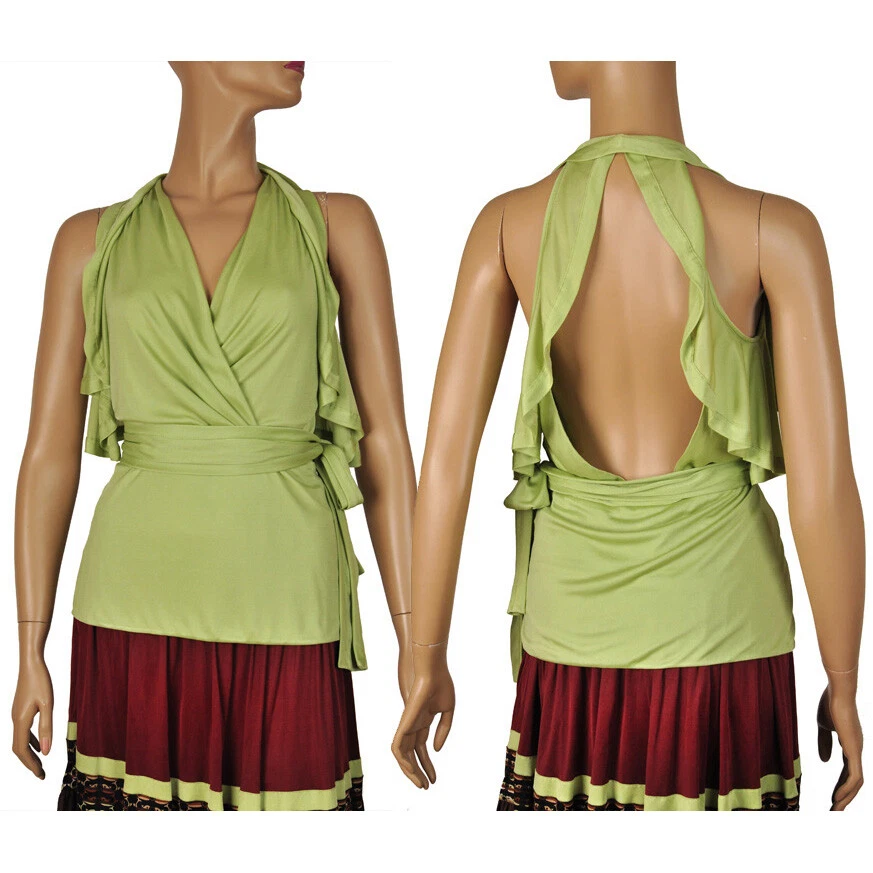 TOP GUCCI CHEMISIER EN JERSEY À VOLANTS DOS OUVERT VERT taille IT 42 US 6