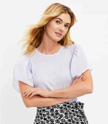 NEW Loft Taylor Mixed Media Flutter Sleeve Linen Top shirt tee size small lilac