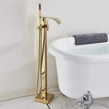 Gold Floor Mount Free Standing Bathtub Faucet Waterfall Tub Filler w/Hand Shower