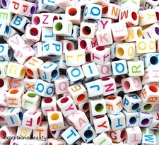 200 White Mixed Color Letters ABC Alphabet 6mm Square Cube Acrylic Craft Beads