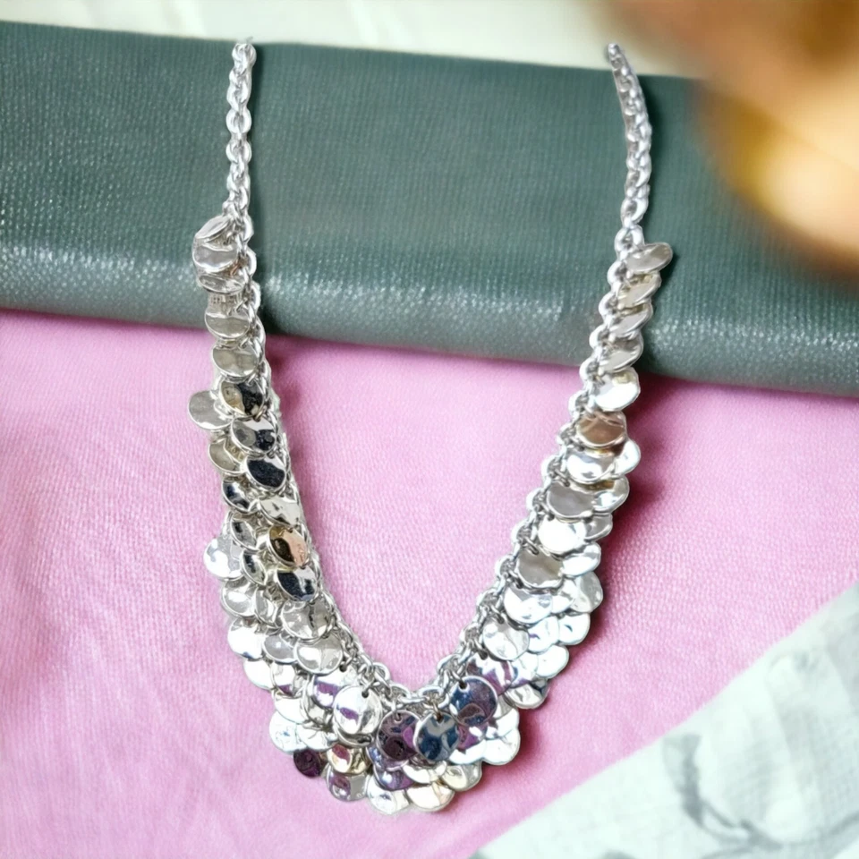 Silver Tone Disk Chunky Belly Dancer Necklace 22" + extension  - Image 3 of 4