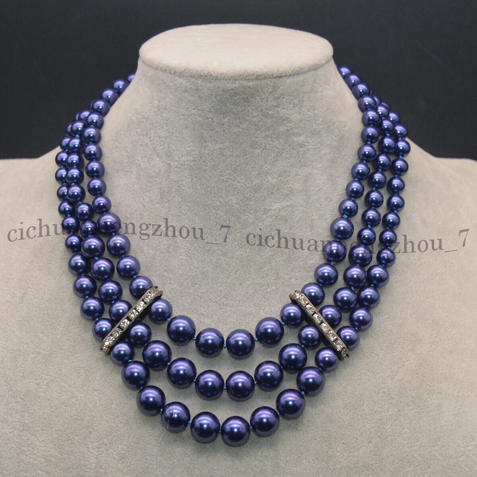 Collar 8-10-12 mm multicolor concha perlas redondas en capas 3 filas 18-20 pulgadas Foto 2 de 4