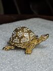 Bejeweled Tortoise Hinged Jewelry Trinket Box with Crystals Pink Yellow Interior