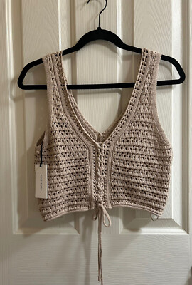 NWT Pink Rose, Boho-Chic Crochet Beige Brown Vest Reversible | Womens Sz M