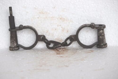 * Old Vintage Antique Handcrafted Iron Lock & Key Handcuffs Collectible * 