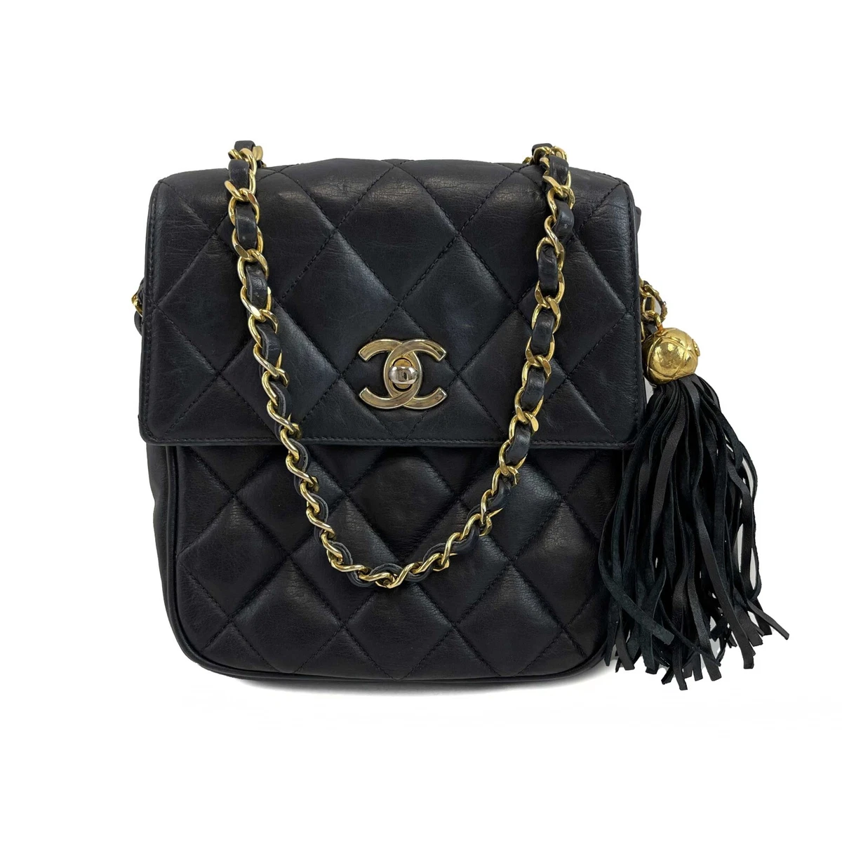 Chanel Small Square Flap Leather Vintage Gold CC Tassel Black Crossbody  Handbag