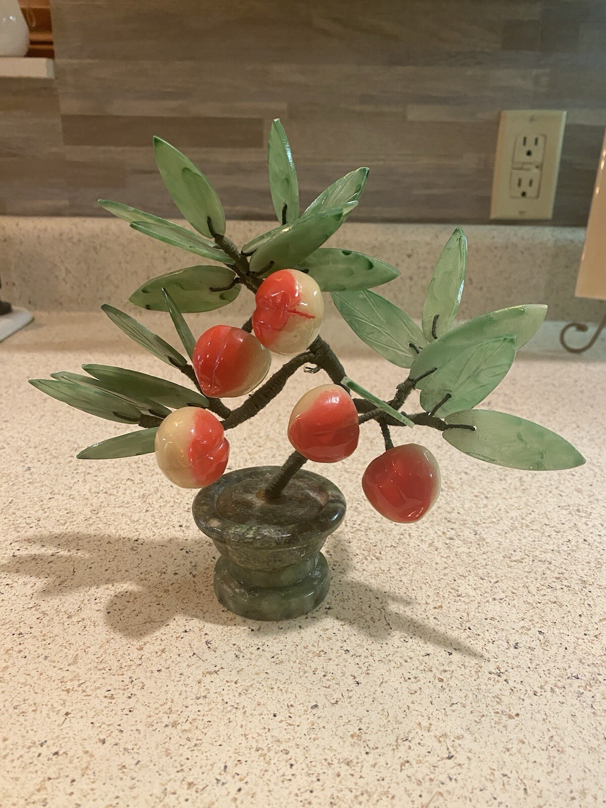 Hand-Carved Detailed Jade Bonsai Tree With Peaches Jade Plant Pot Vintage