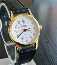 VINTAGE MEDANA 24 HR MILITARY DIAL SWISS QUARTZ WOMEN'S GOLD LEATHER WATCH *NEW*