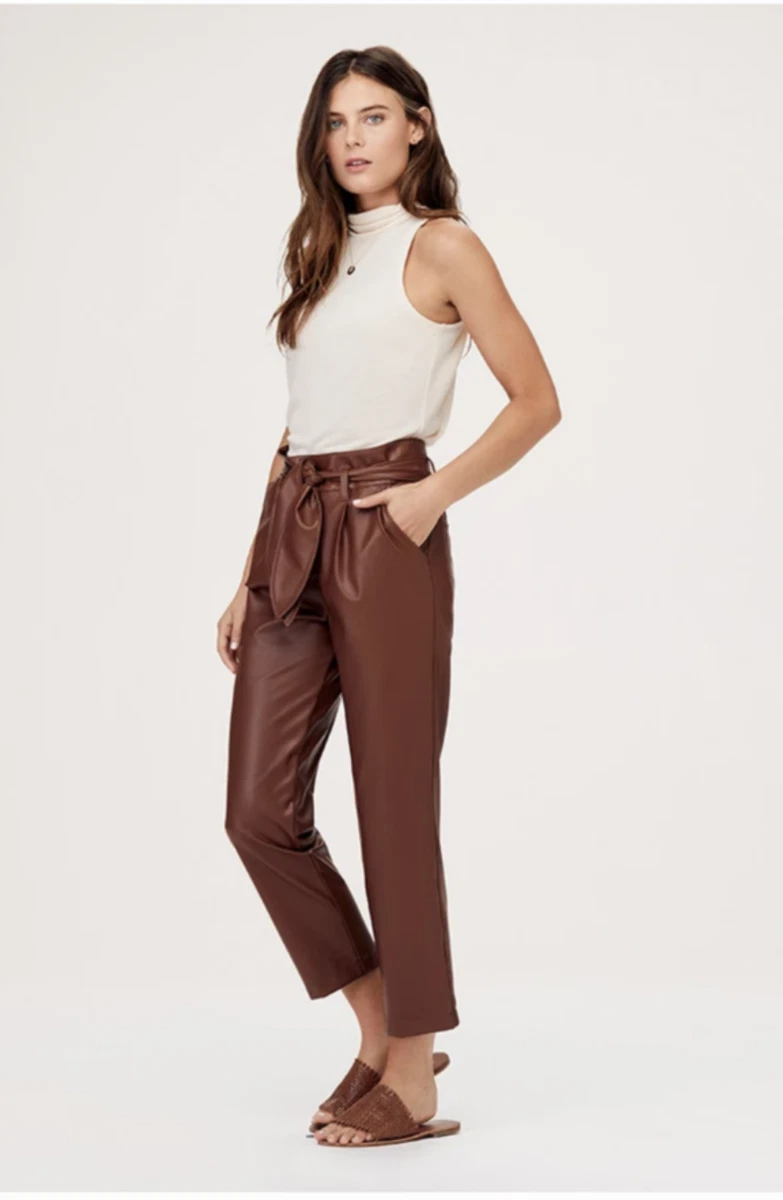DAVID LERNER Lexi Belted Brown Paperbag Faux Leather Pants 0 NEW