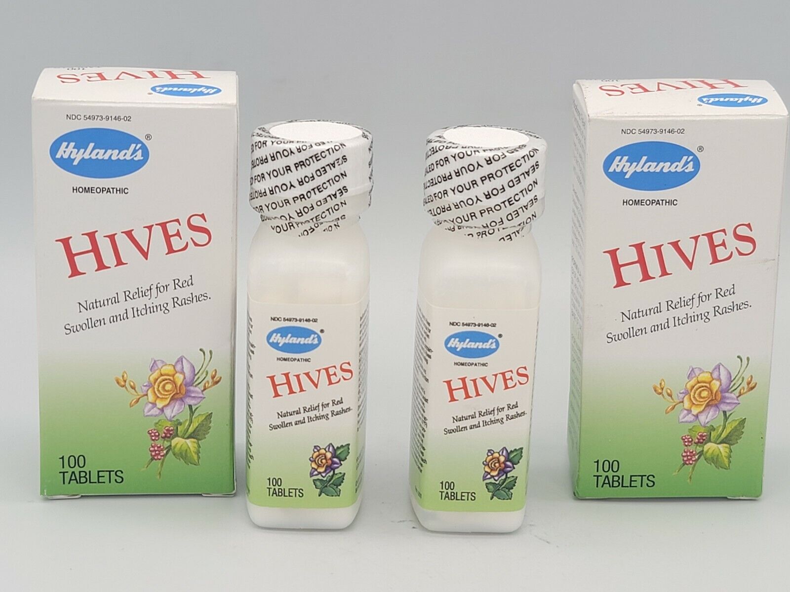  Hyland's Hives 100 Tablets Natural Relief Red Swollen Itching Rashes. QTY:2