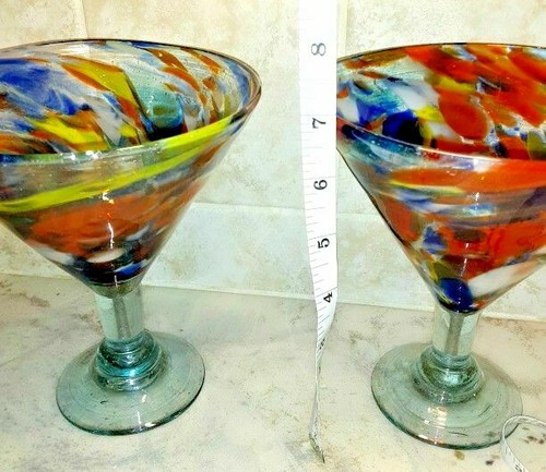 Set 2 Handblown Margarita Glasses~Azteca Designs Art Mexico~Swirls, Bubbles - Picture 12 of 12