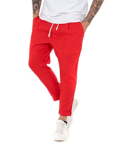 Pantalone Uomo Rosso Elastico Lino Tinta Unita Cavallo Basso Casual GIOSAL  | eBay