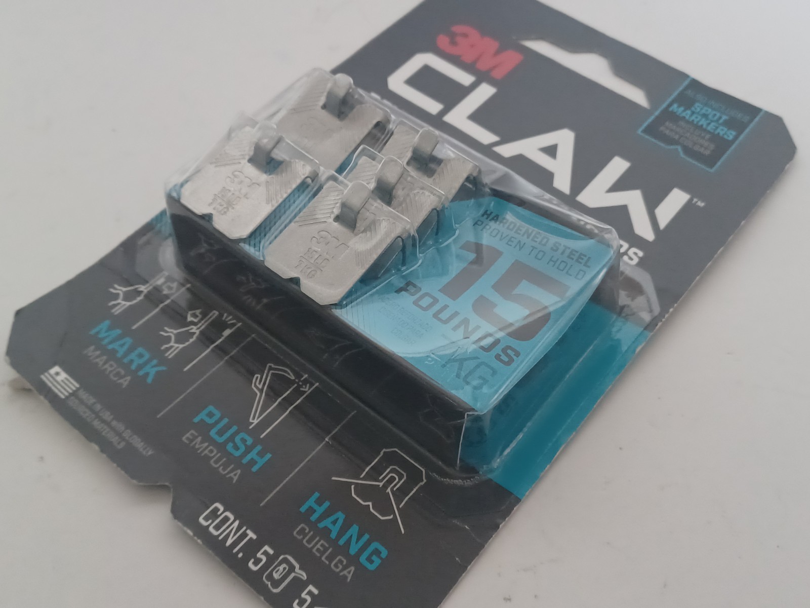 3M CLAW Drywall Picture Hanger Wall Hook 15lb Pack of 5 No Tools Needed