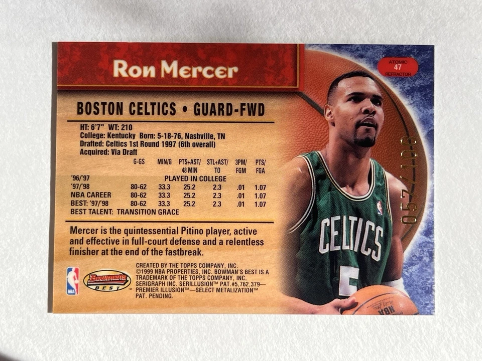 Celtics Kentucky #57/100 Ron Mercer Atomic Refractor Sp 47 1998-99 Bowman’s Best - Image 3 of 4