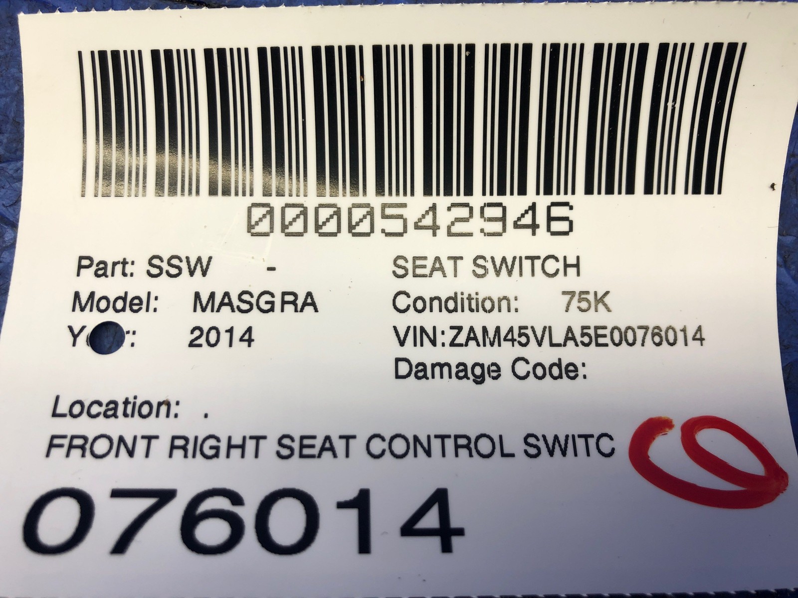 2008-2019 MASERATI GRANTURISMO FRONT RIGHT SEAT CONTROL SWITCH PANEL TRIM
