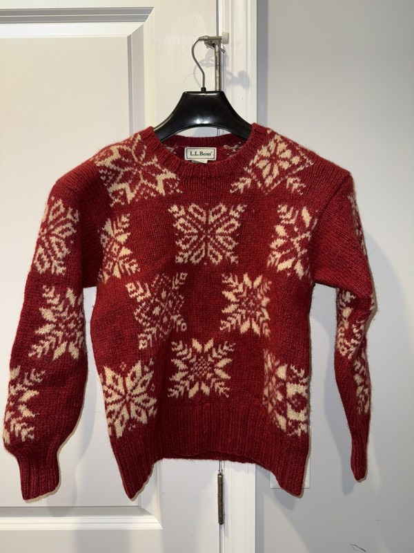Vtg LL Bean Sweater Womens Sz XS Red 100% Wool Ski Snowflake Checkerboard 90s