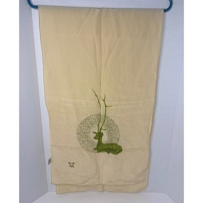 Vtg Triangle Pure Silk Scarf Hand Printed Green Deer Stag Cream Rectangular Wrap