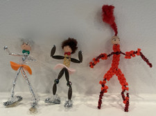 VTG 60s Trio of Handmade Beaded Ornaments 4” Ice Skaters Pipe Cleaners Kitschy