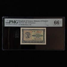 1940 Kingdom of Greece Ministry of Finance 10 Drachmai Pick#314 PMG 66 EPQ UNC