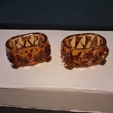 2 Vintage Amber Glass Master Salt Cellar Dish Bowl Diamond Cut Burst Ribbed