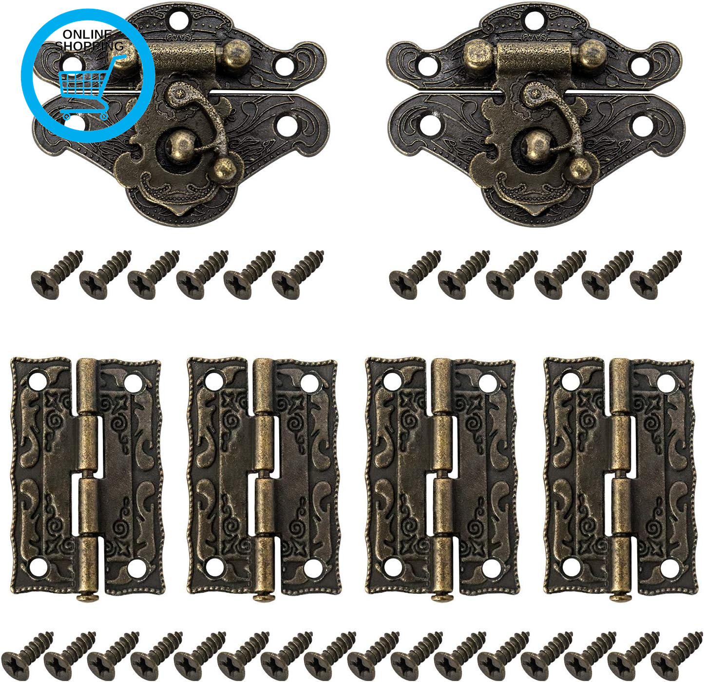 ® 2 Sets Retro Hasps Latch Decorative Wood Jewelry Latch Box with 4 Hinges and 2