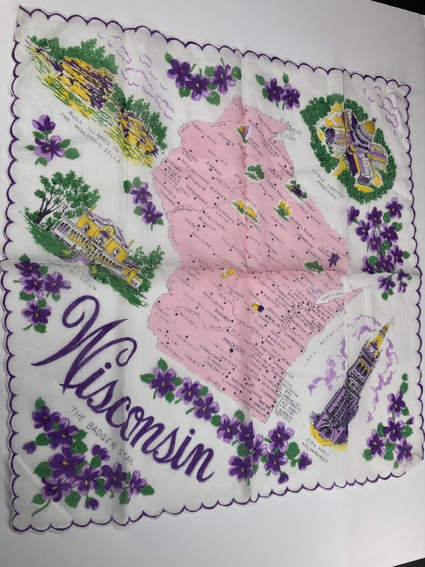 Vintage State of Wisconsin Cotton Souvenir Handerchief - Featuring State Map
